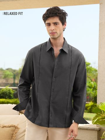 Buy Fine Tucks Shirt: Charcoal Men relaxed shirts Online C76