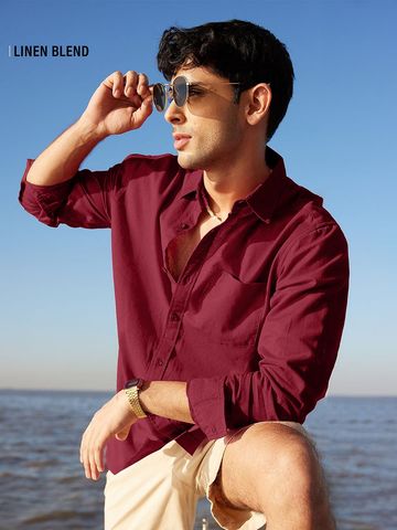 Buy Solids: Red Men Cotton Linen Shirts Online C76