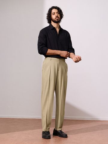 Buy Double Pleated Pants: Beige Men Pants Online F56