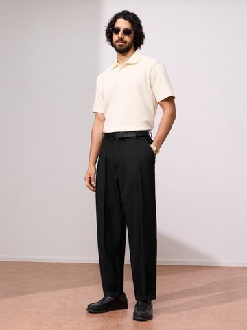 Buy Double Pleated Pants: Black Men Super Flex Pants Online F56