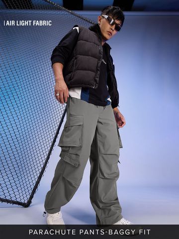 Buy Solids Charcoal Grey Men Parachute Pants Online F56