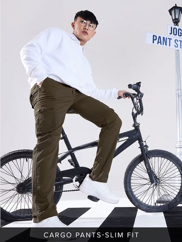 Buy Solids: Dark Olive Men Cargo Pants Online F56