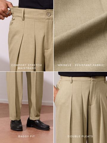 Buy Double Pleated Pants: Beige Men Pants Online F56