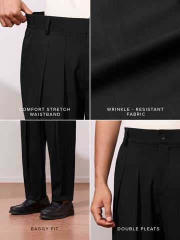 Buy Double Pleated Pants: Black Men Super Flex Pants Online F56