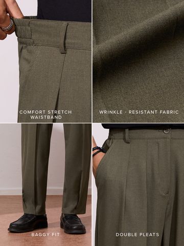 Buy Double Pleated Pants: Brown Men Super Flex Pants Online F56