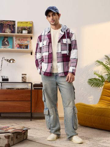Buy Plum Checked Men Shacket Online C76