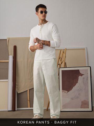 Buy Indie Stripes: Almond White Men Korean Pants Online F56