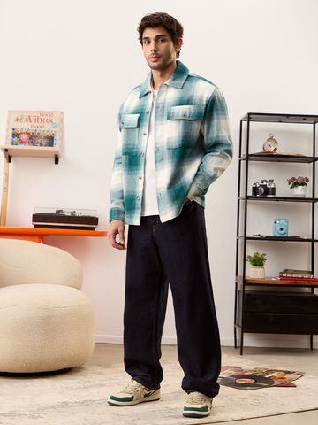 Buy Plaid: Light Emerald And White Men Flannel Shackets Online C76