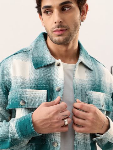 Buy Plaid: Light Emerald And White Men Flannel Shackets Online C76