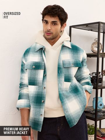 Buy Plaid: Light Emerald And White Men Flannel Shackets Online C76