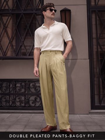 Buy Double Pleated Pants: Beige Men Pants Online F56