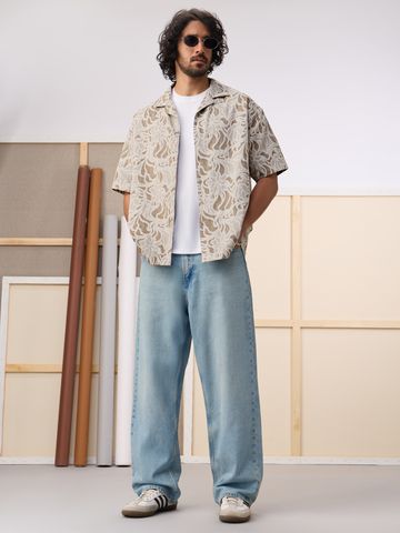 Buy Oversized Shirt: Abstract Ivory Men Oversized Shirts Online C76