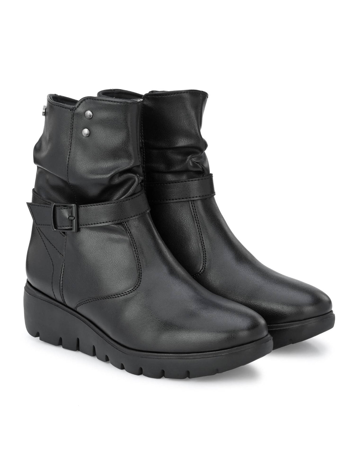 Womens Black Solid Ankle Boot With Buckle Strap | BT61 - view 1