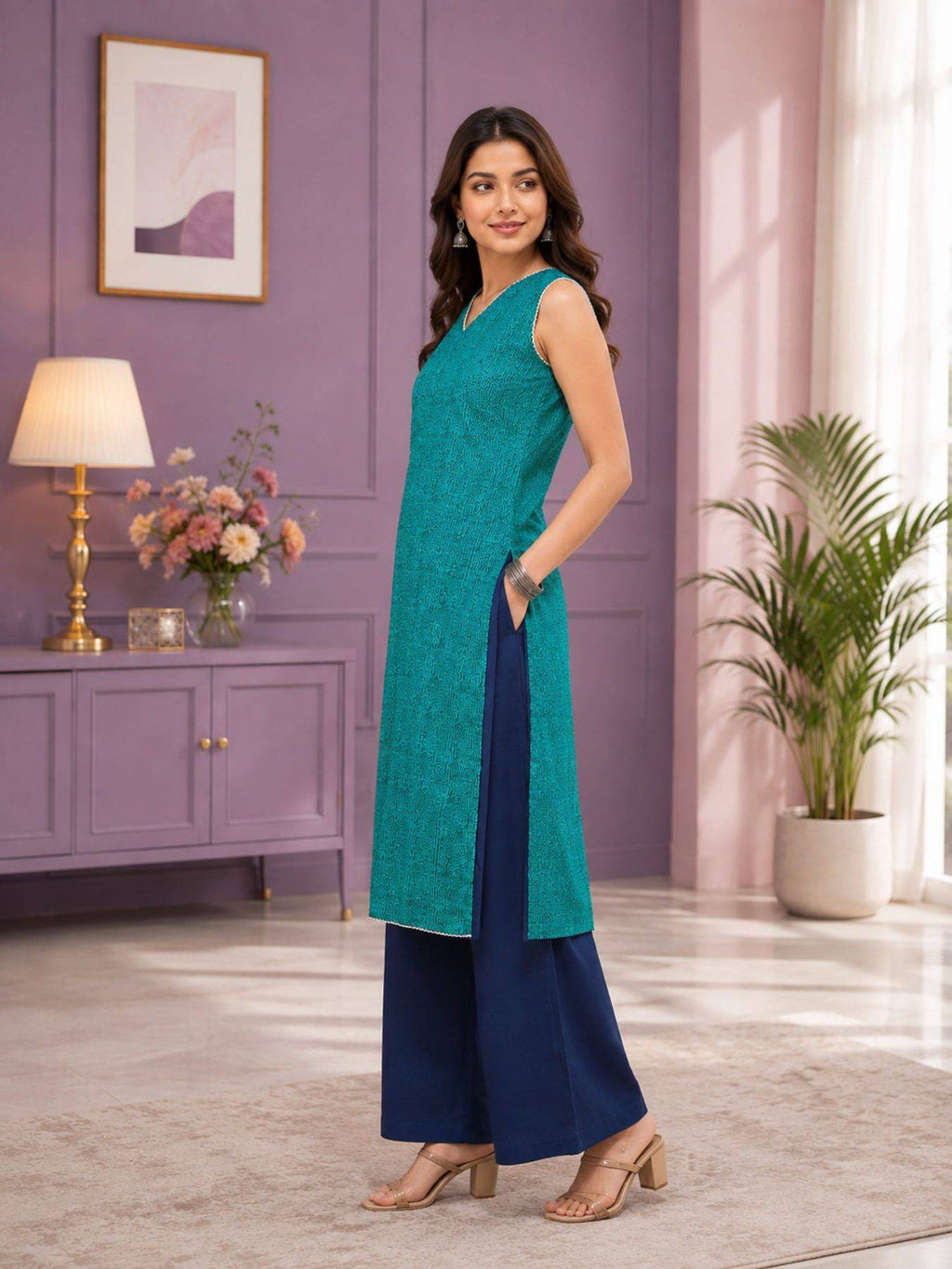 Women'S Cotton Printed Blue Kurta | U3S - view 4
