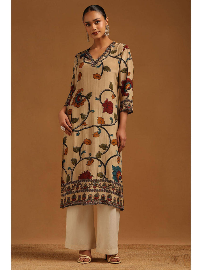 Beige Floral V-Neck Kurta | U3S - view 1