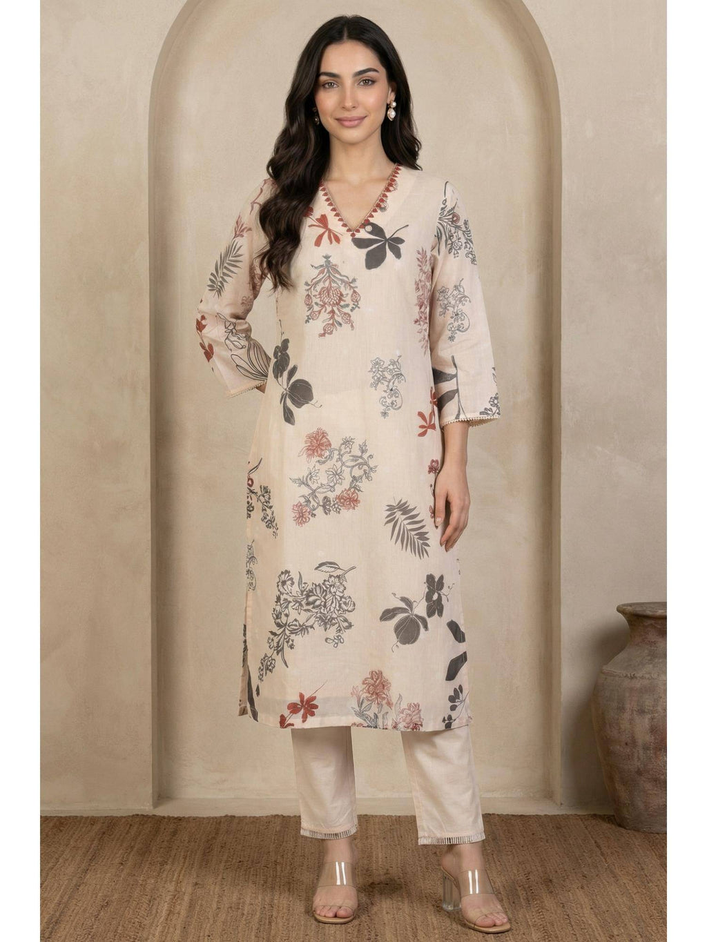 Cream Chiffon Floral Printed Kurta | KDG - view 1