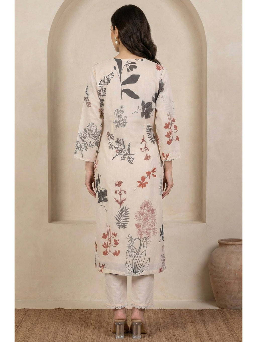 Cream Chiffon Floral Printed Kurta | KDG - view 4