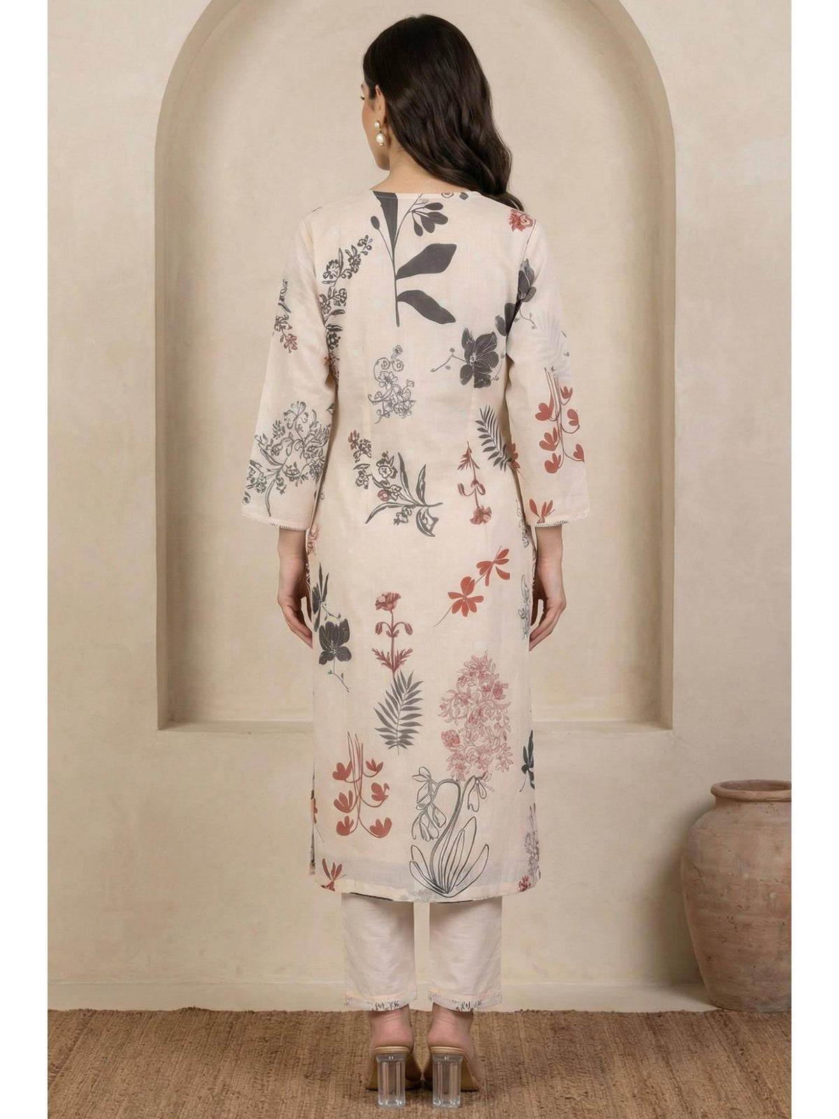Cream Chiffon Floral Printed Kurta | KDG - view 4