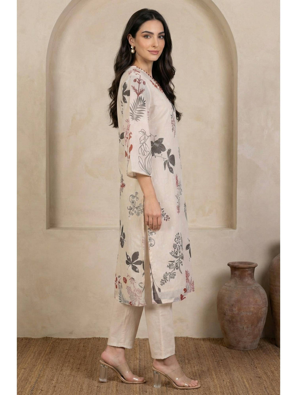 Cream Chiffon Floral Printed Kurta | KDG - view 5