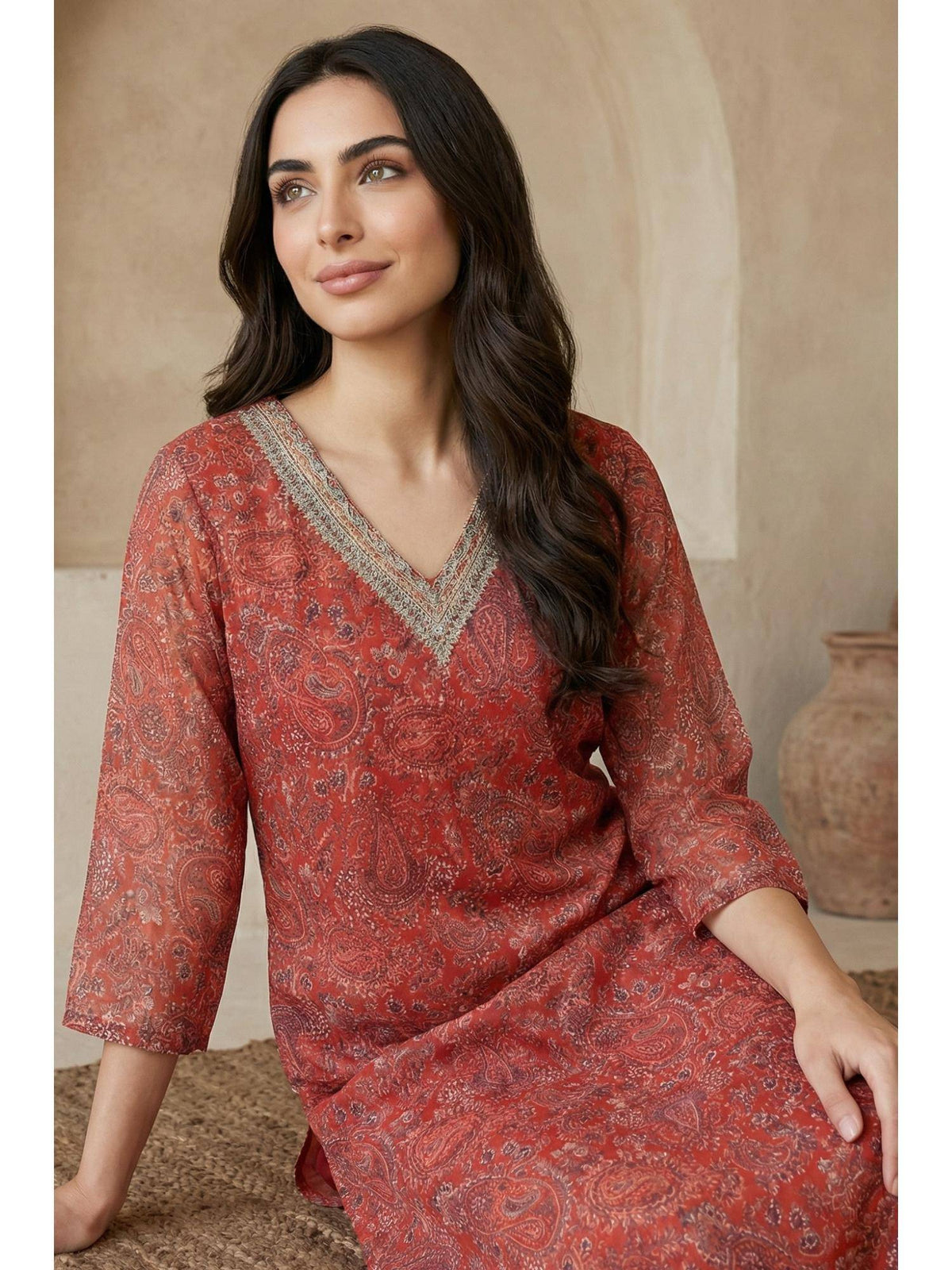 Red Chiffon Paisley Printed Kurta | U3S - view 3