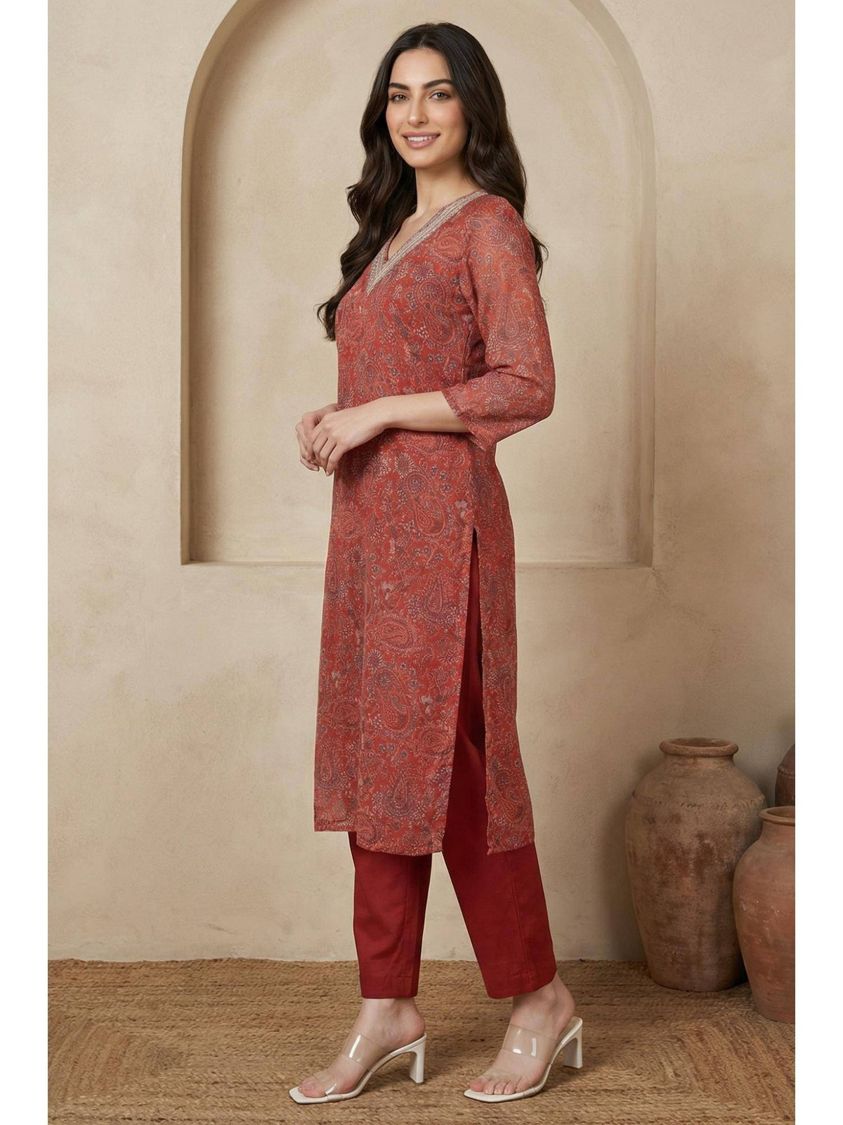 Red Chiffon Paisley Printed Kurta | U3S - view 4