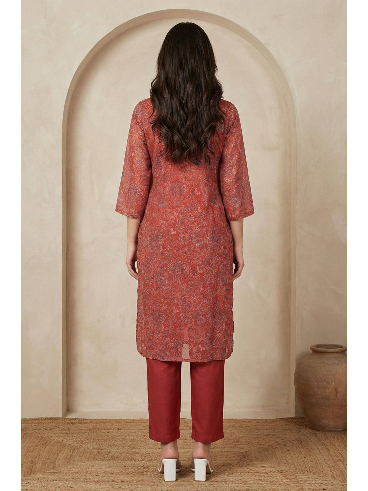 Red Chiffon Paisley Printed Kurta | U3S - view 5