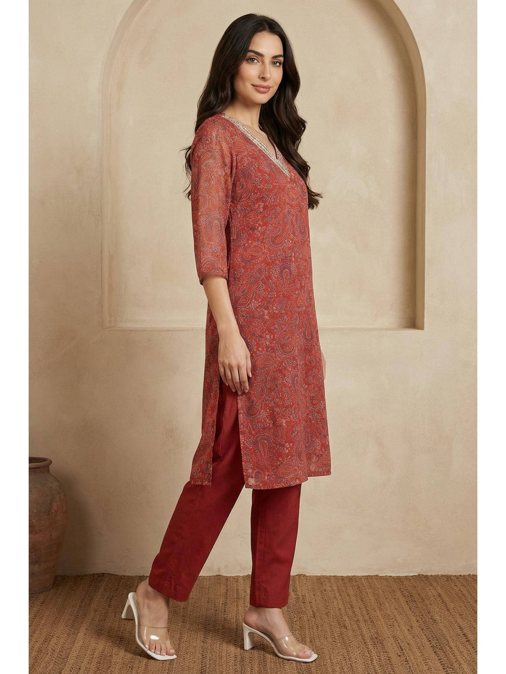 Red Chiffon Paisley Printed Kurta | FY93 - view 6
