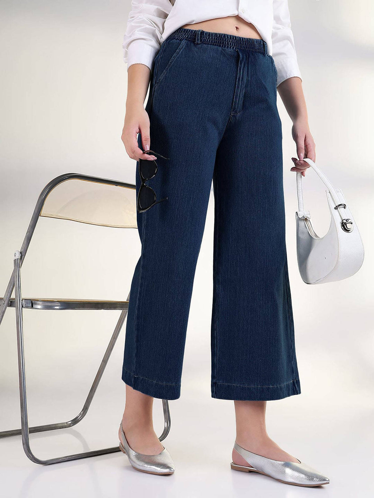 Women's Navy Blue Relaxed Fit Cropped Jeans | RF89 - view 1