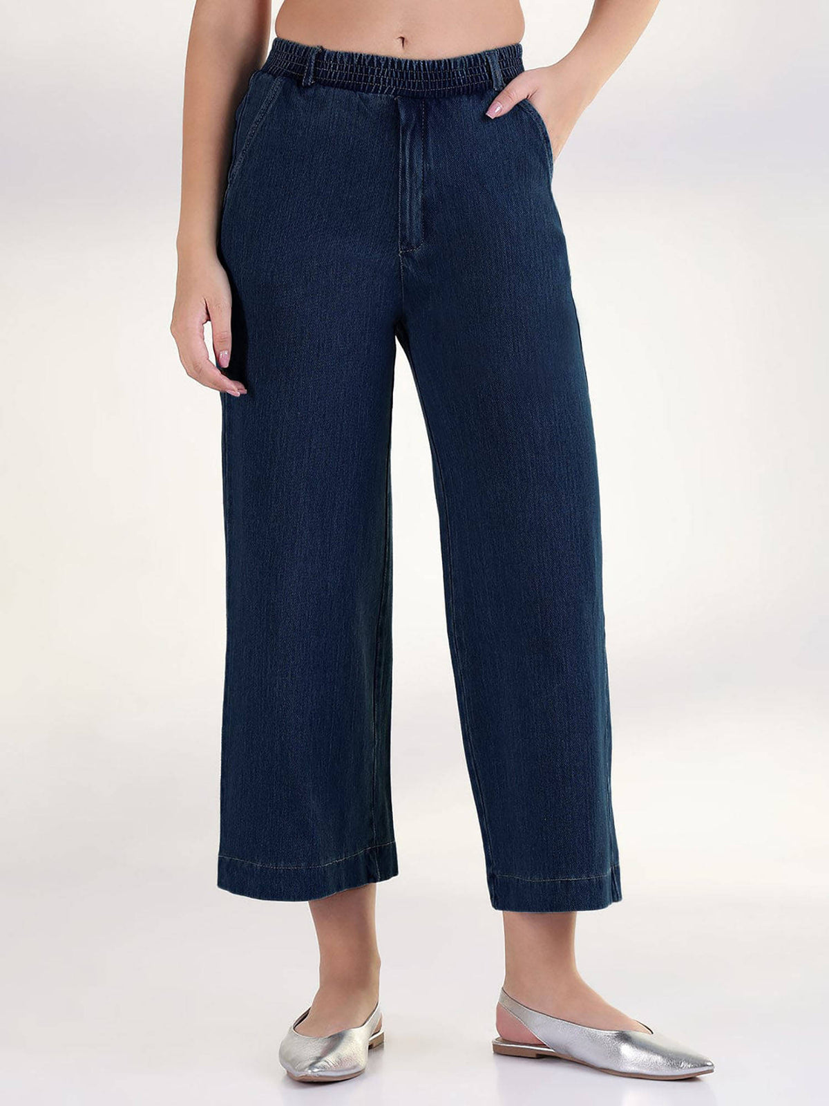 Women's Navy Blue Relaxed Fit Cropped Jeans | RF89 - view 2