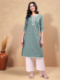 Womens Green Floral Printed Cotton Blend Straight Kurta | U3S - view 1