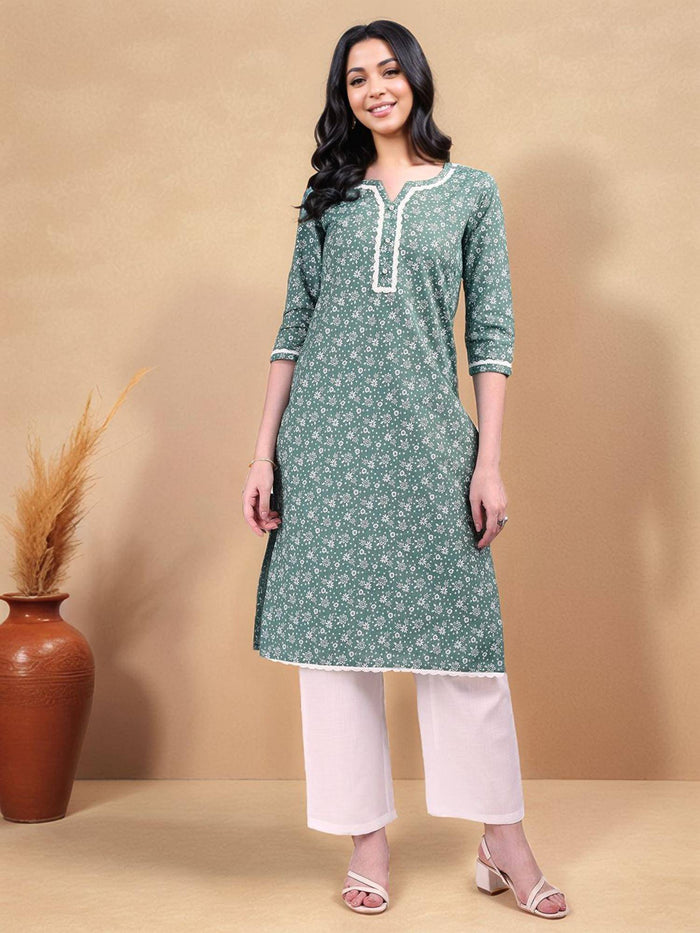 Womens Green Floral Printed Cotton Blend Straight Kurta | U3S - view 1