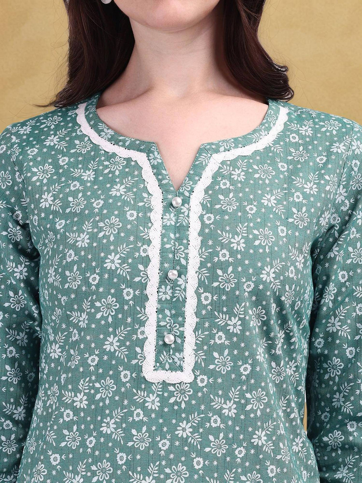 Womens Green Floral Printed Cotton Blend Straight Kurta | U3S - view 5