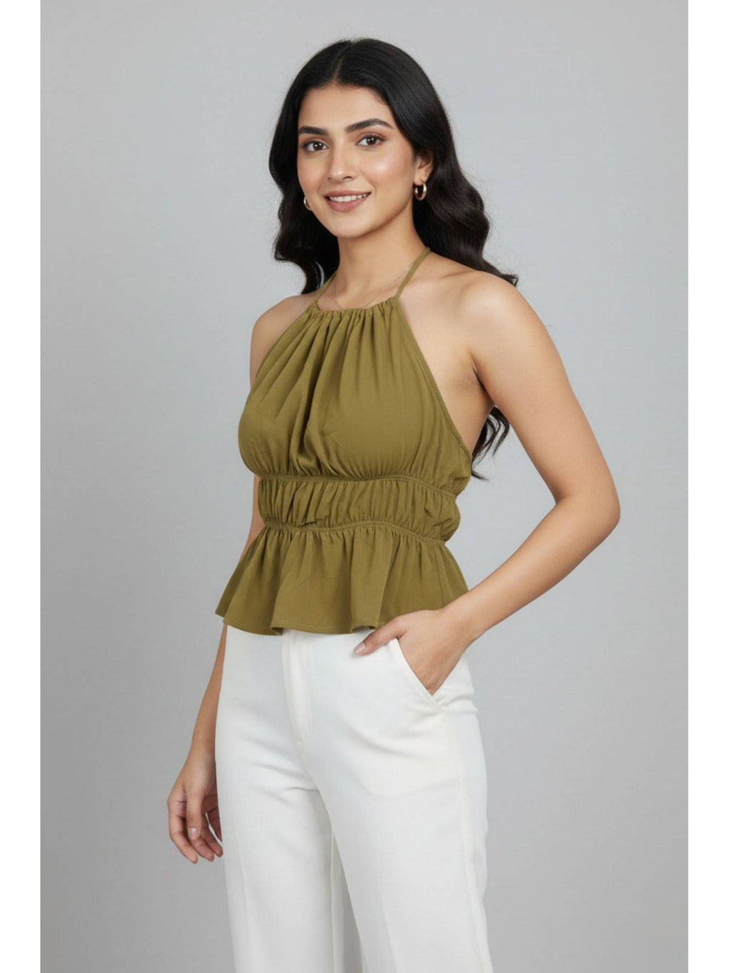 Women Olive Polyester Solid Top | HT67 - view 2