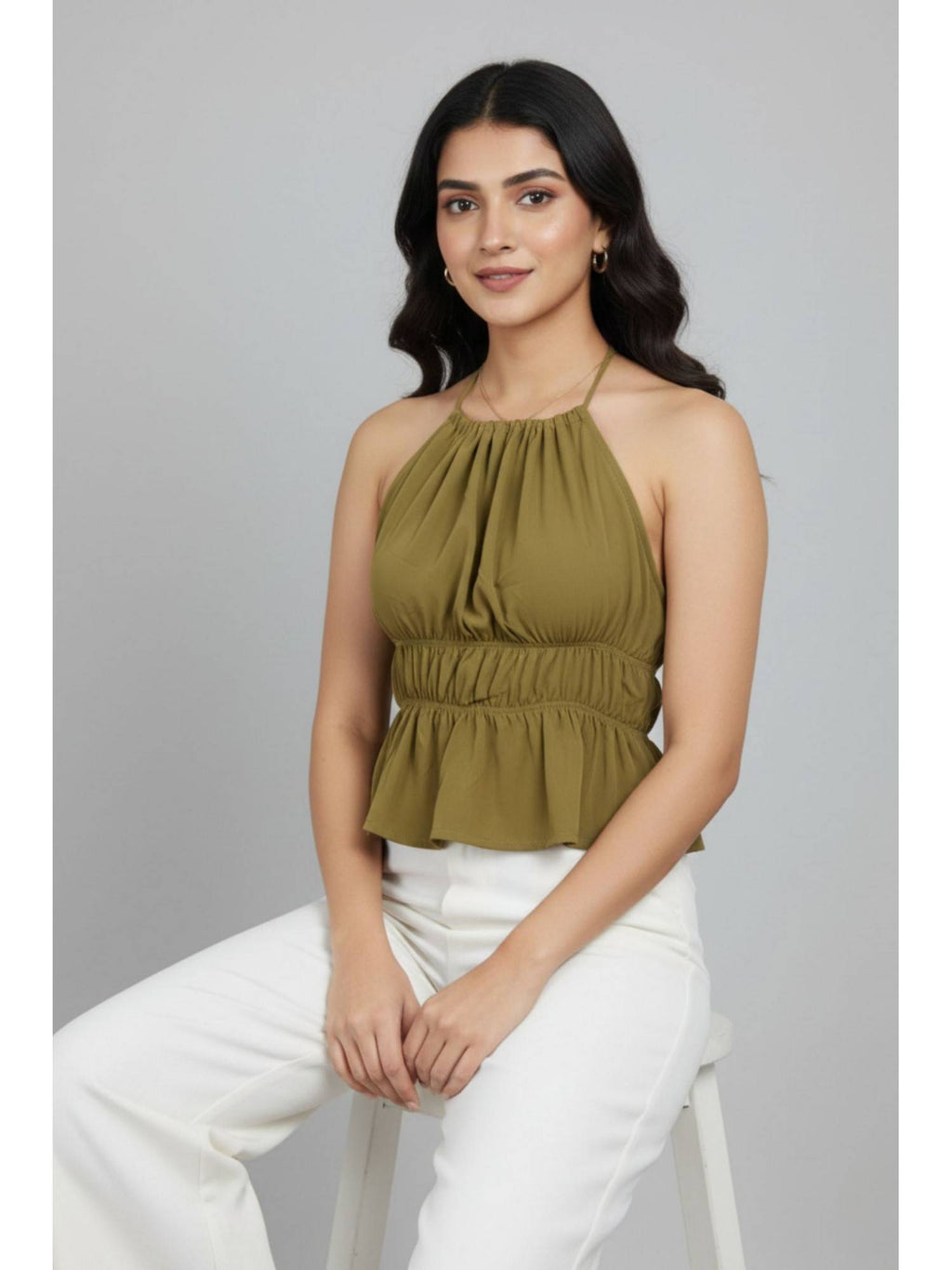 Women Olive Polyester Solid Top | HT67 - view 4
