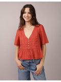 Women Red V-Neck Lace Top | pt51 - view 1