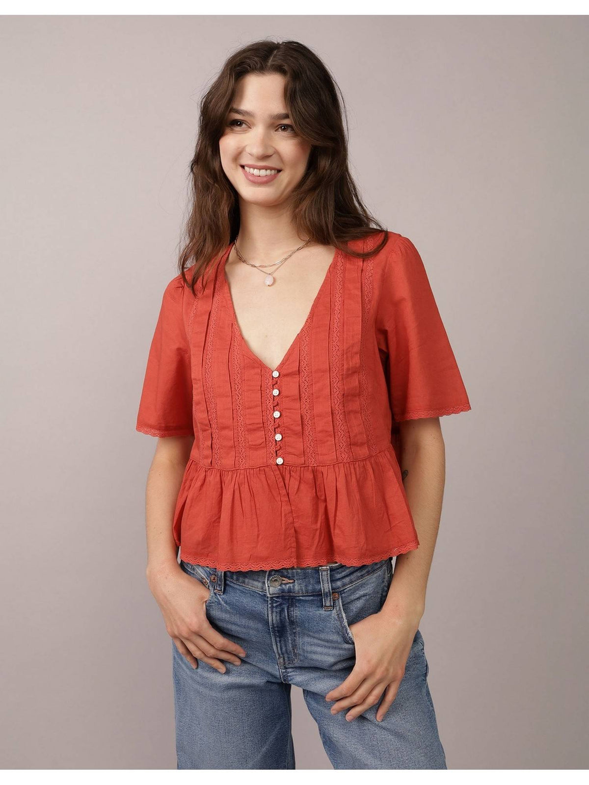 Women Red V-Neck Lace Top | pt51 - view 1