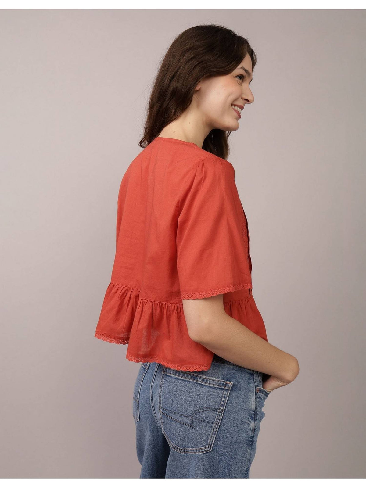 Women Red V-Neck Lace Top | pt51 - view 2