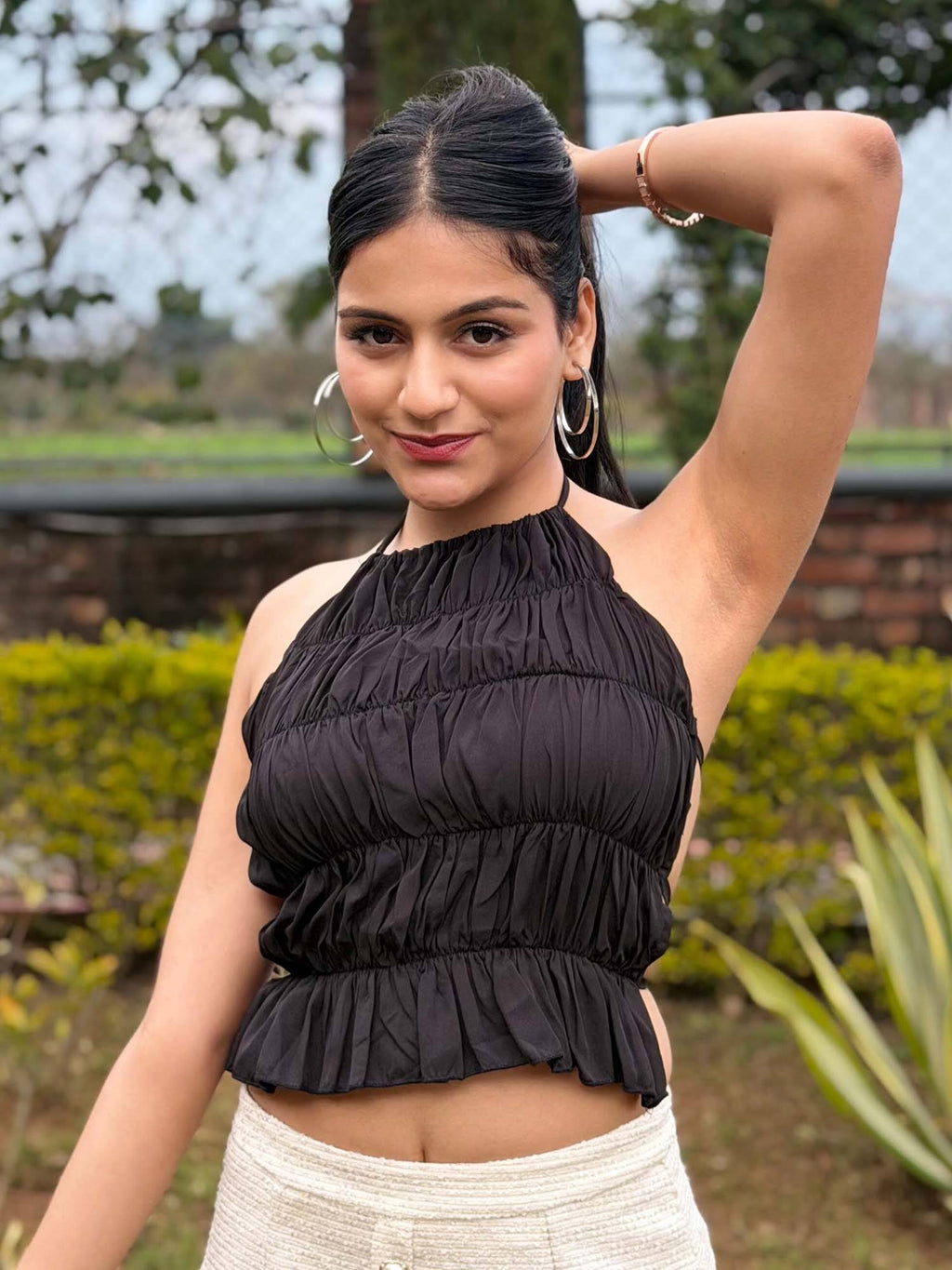 Black Regular Fit Textured Halter Neck Top | HT67 - view 2