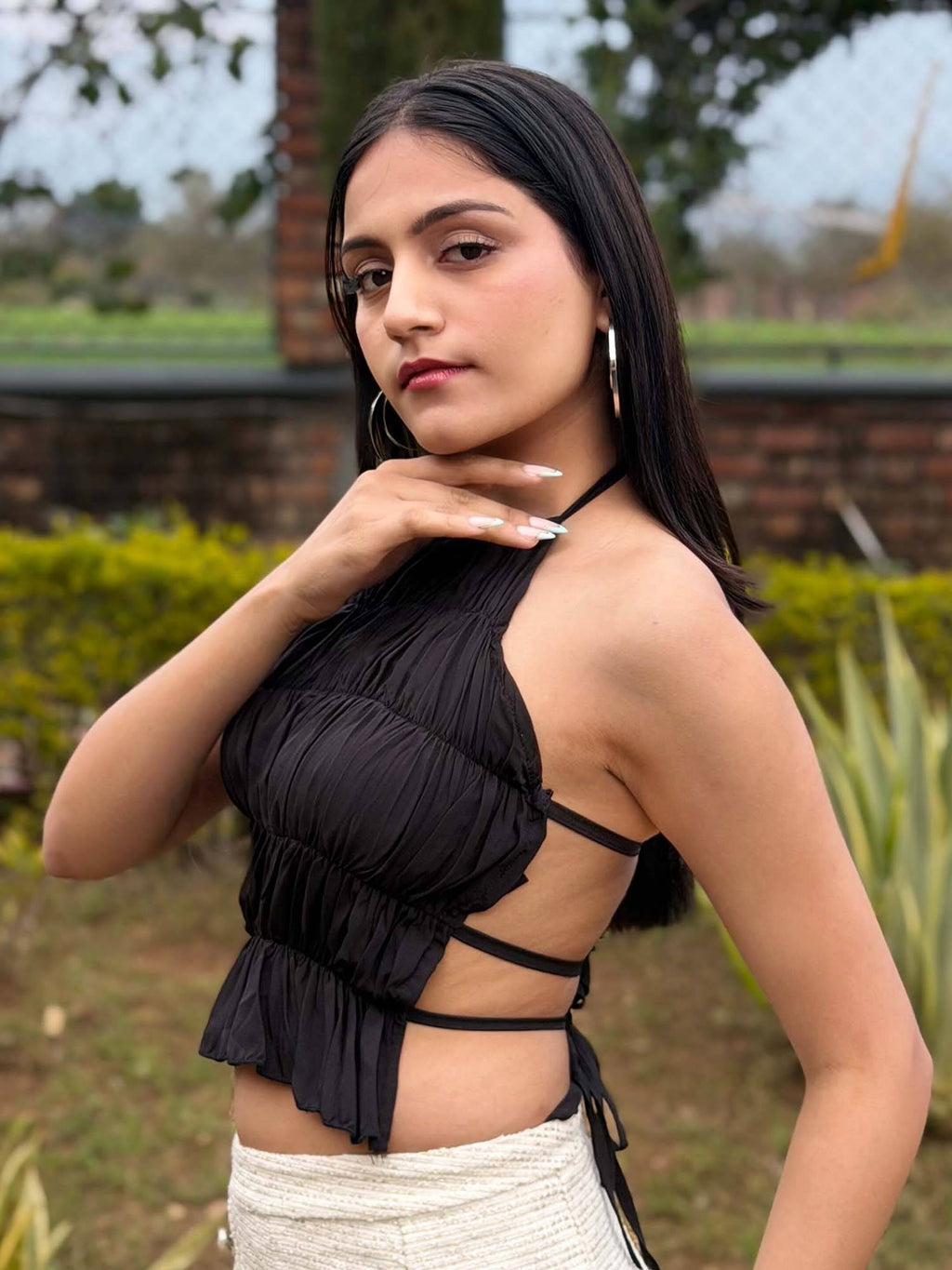 Black Regular Fit Textured Halter Neck Top | HT67 - view 4