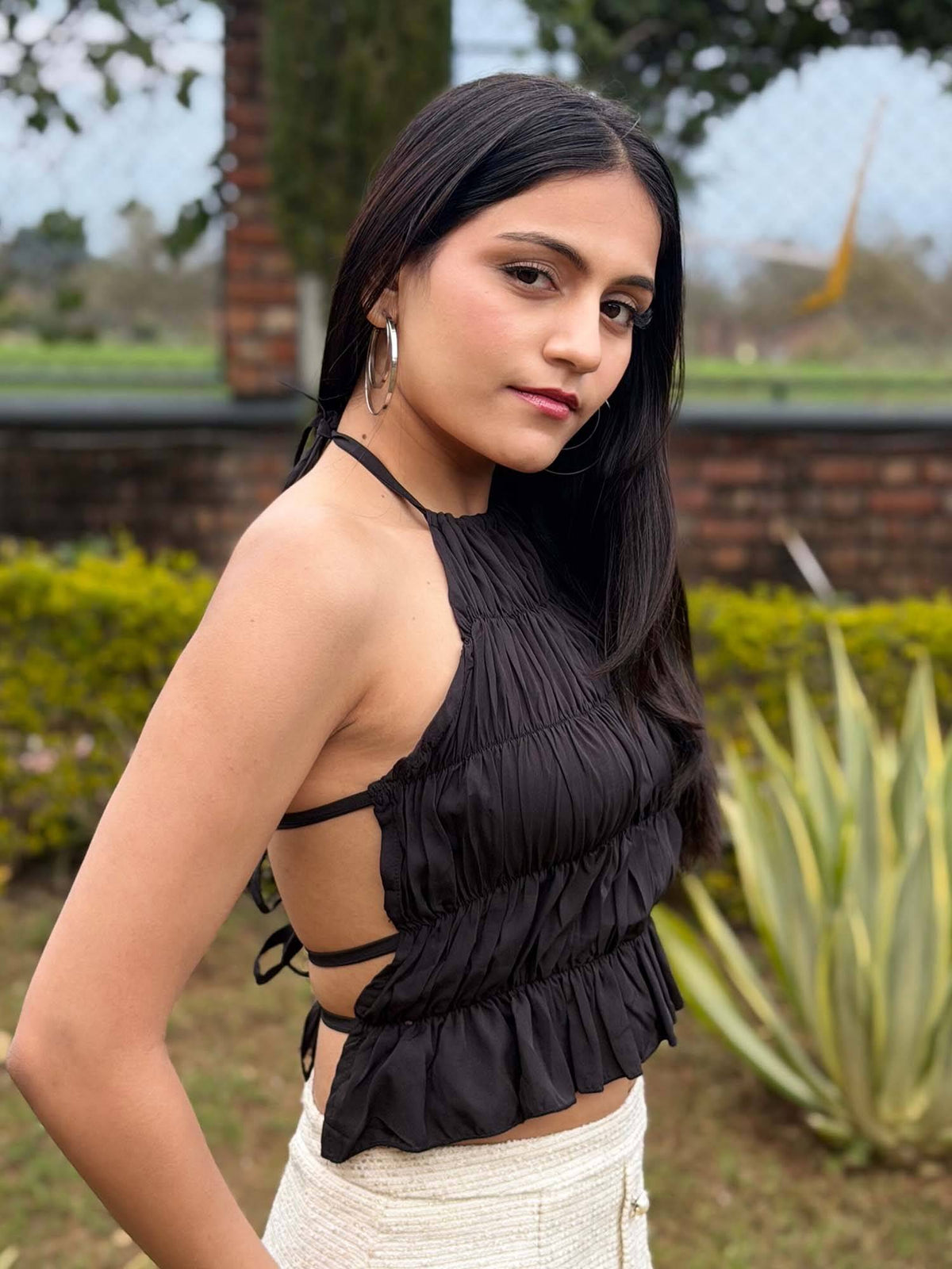 Black Regular Fit Textured Halter Neck Top | HT67 - view 5