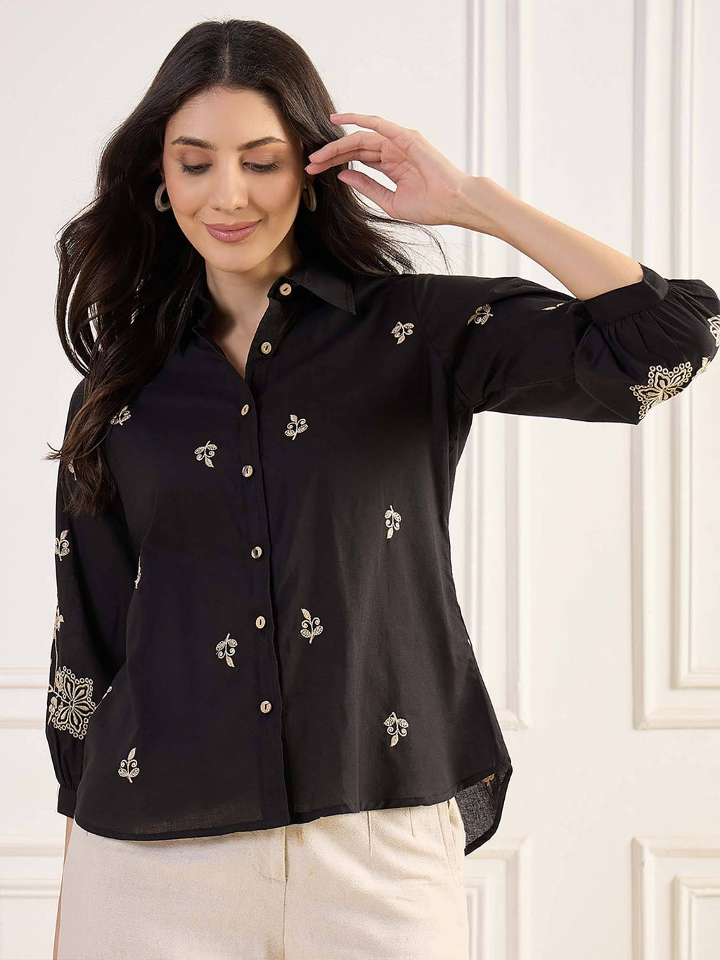 Black Regular Fit Embroidered Collar Neck Shirt | S67 - view 1