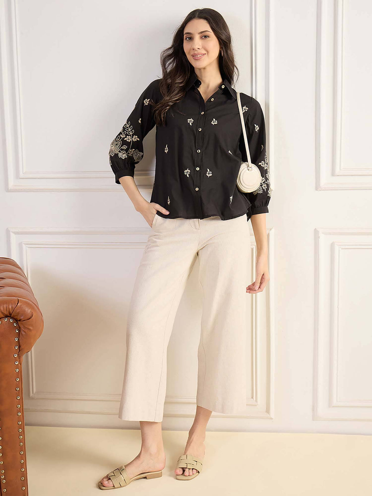 Black Regular Fit Embroidered Collar Neck Shirt | S67 - view 3