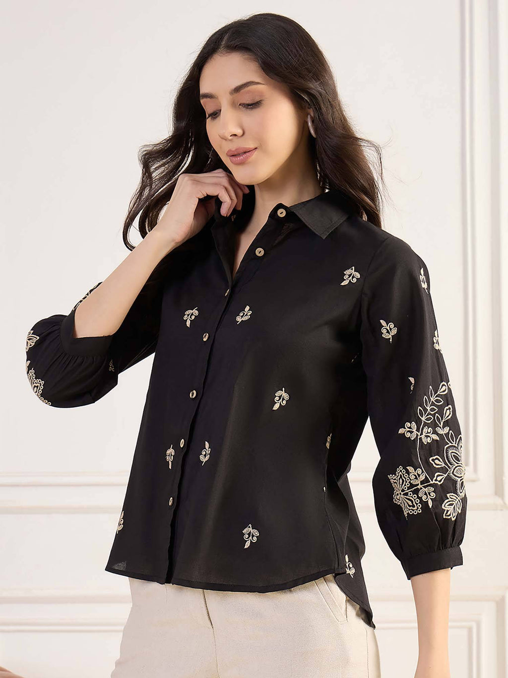 Black Regular Fit Embroidered Collar Neck Shirt | S67 - view 5