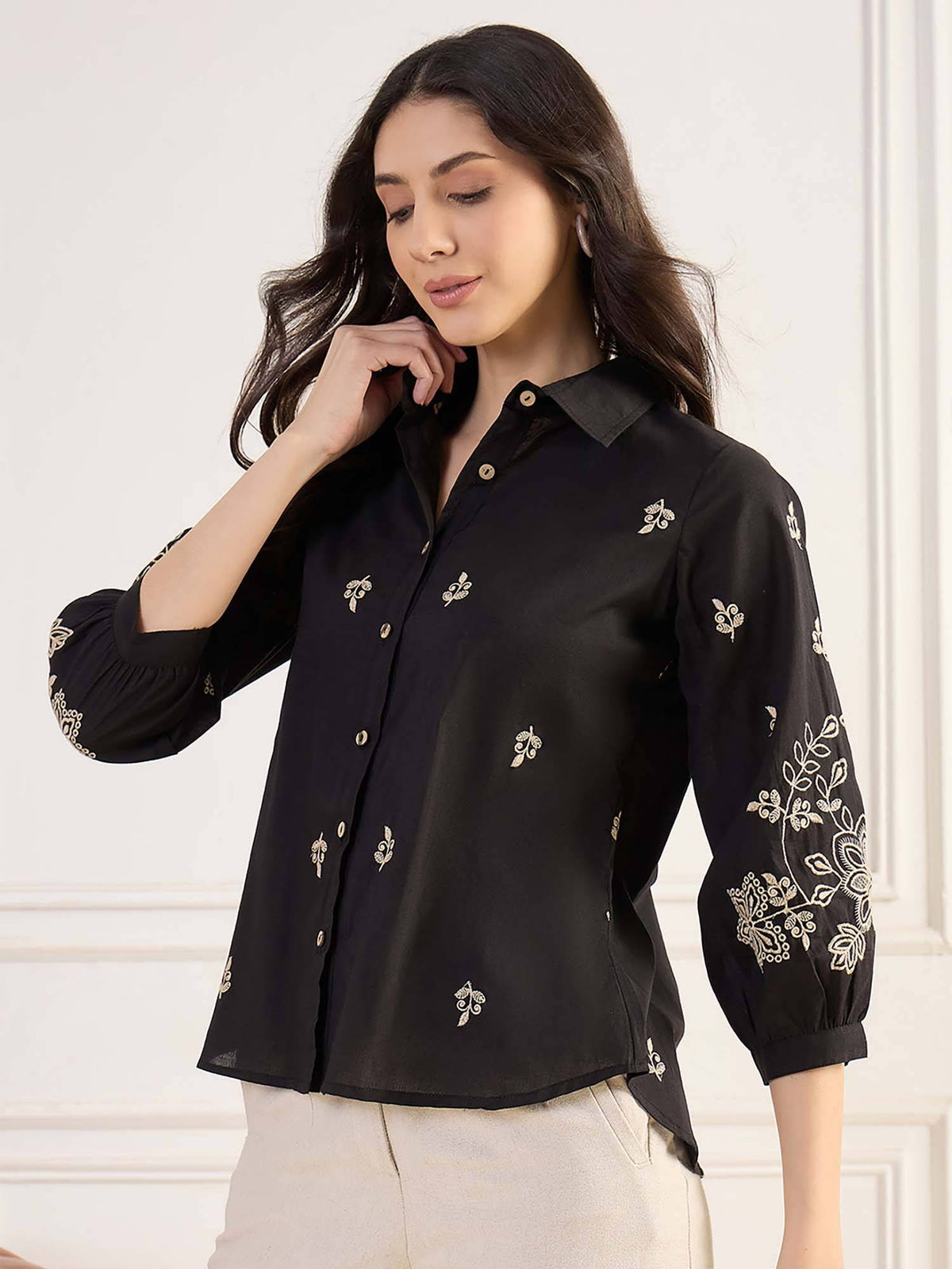 Black Regular Fit Embroidered Collar Neck Shirt | S67 - view 5