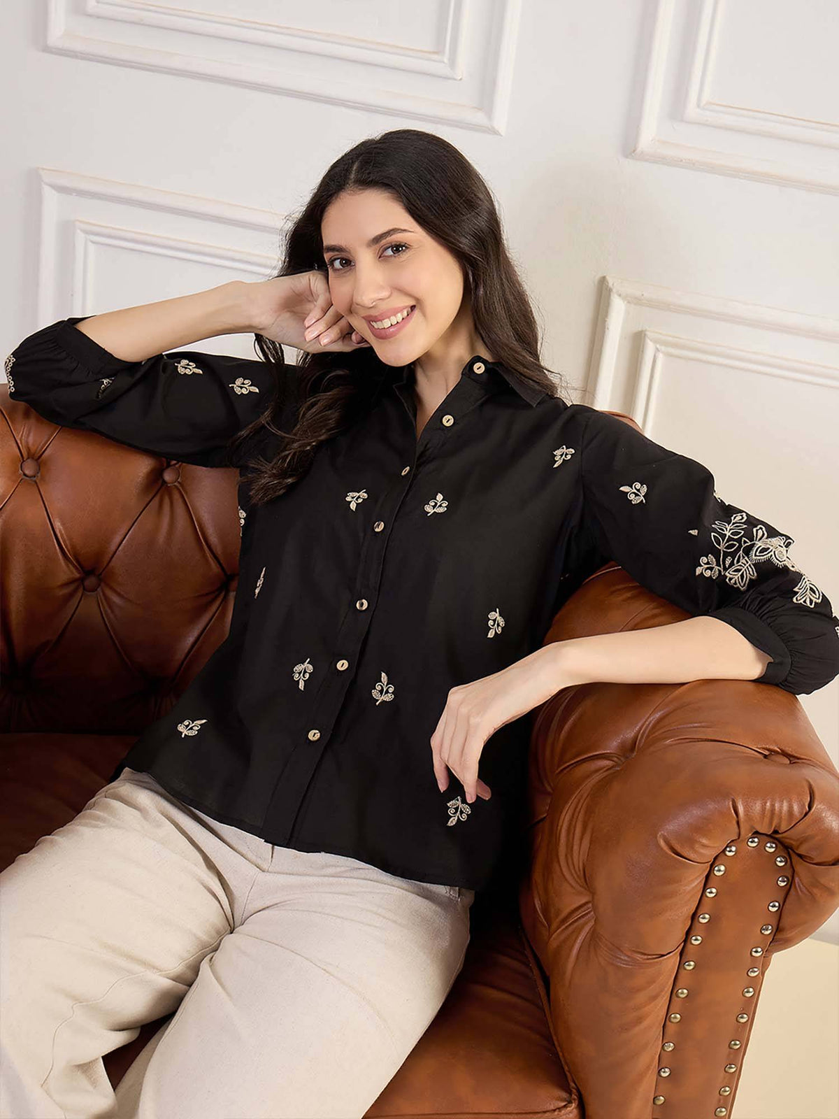 Black Regular Fit Embroidered Collar Neck Shirt | S67 - view 6