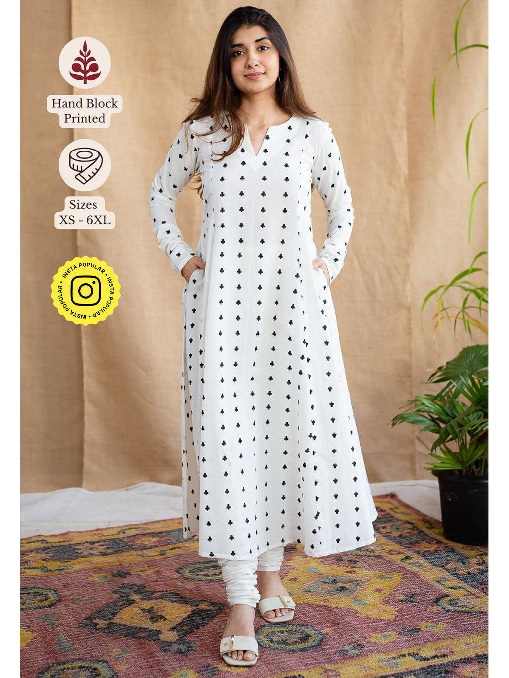 White A-Line Dabu Cotton Hand Block Printed Kurta | KDG - view 1