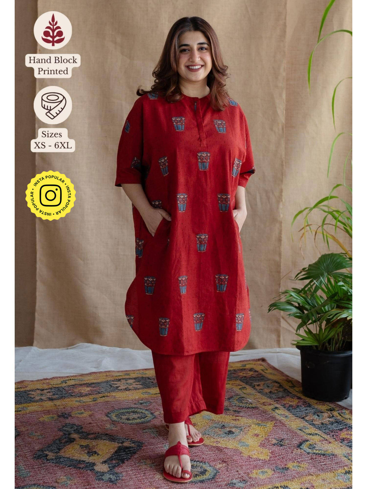 Red Straight Printed Cotton Kurta With Mandarin Neck | KDG - view 1
