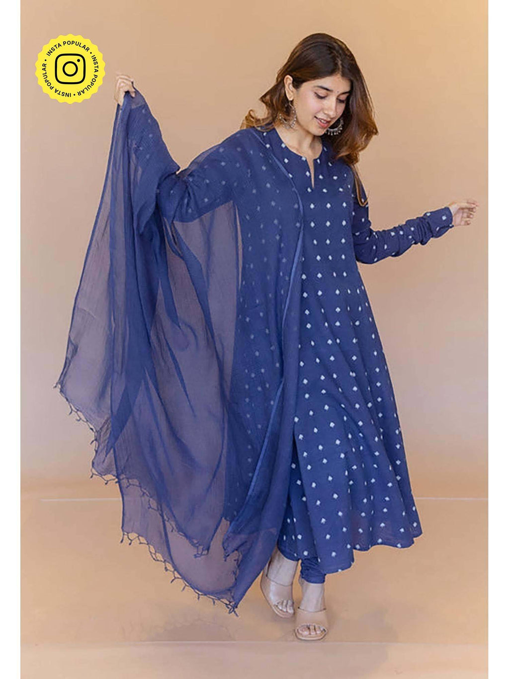 Shinat Blue Dabu Cotton Kali Kurta | KDG - view 1