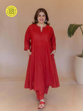 Nyra Red Solid Slub Cotton Jhabbha Kali Kurta with Hand Embroidery | KDG - view 1
