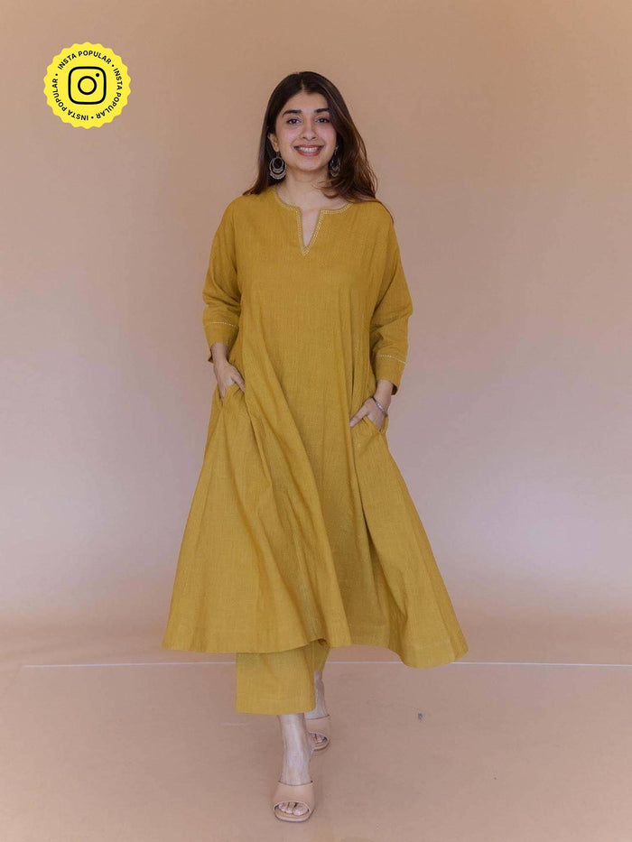Nyra Yellow Solid Slub Cotton Jhabbha Kali Kurta with Hand Embroidery | KDG - view 1